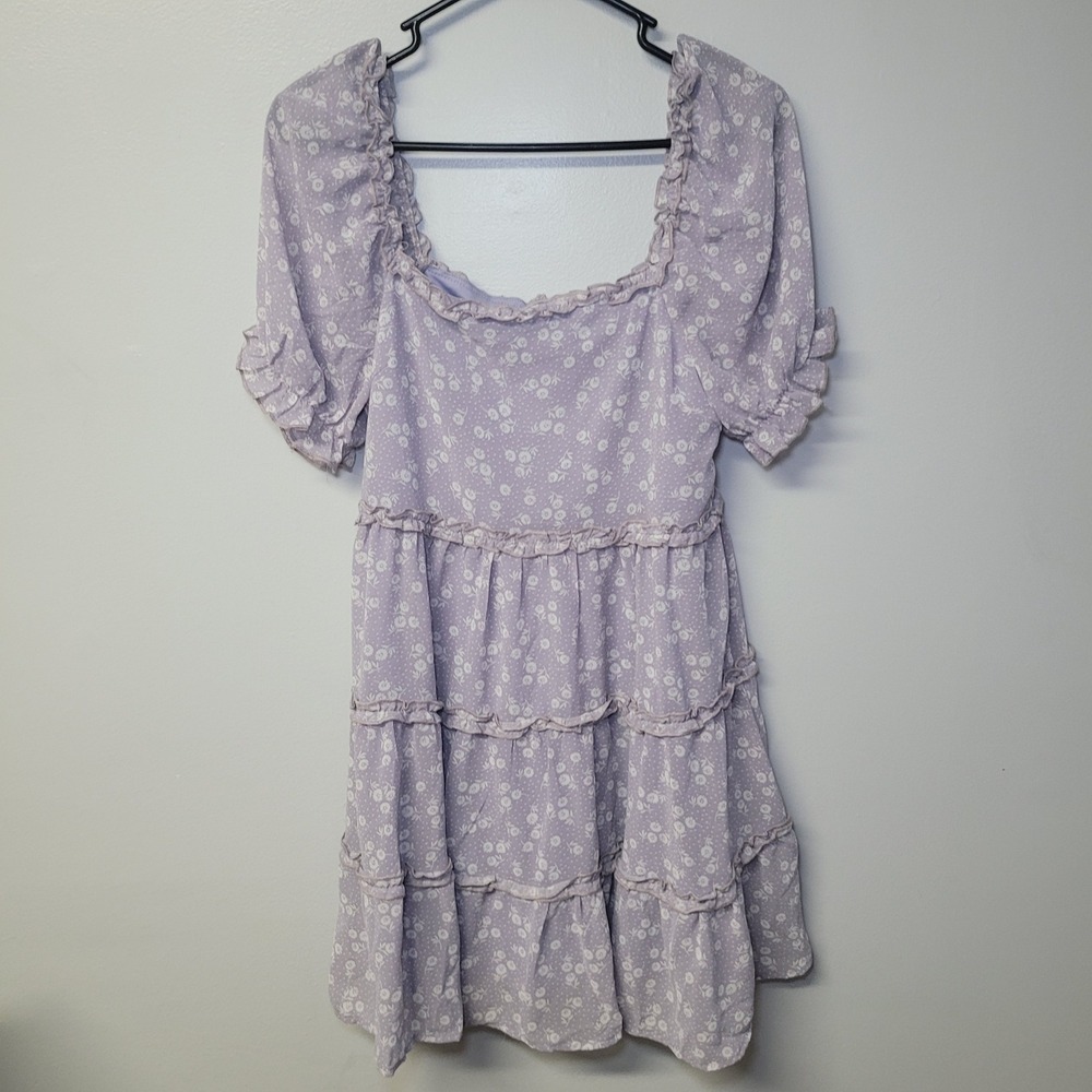 Loveriche Lavender Floral Ruffle Sqaure Neck Tiered Mini Dress Small